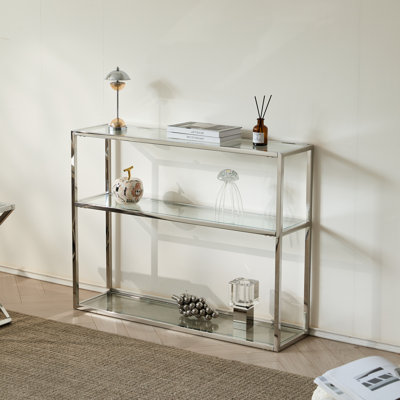 Console avec plateau en verre et rangement ouvert