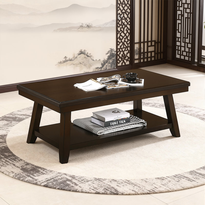 Table basse moderne en placage de noyer avec tablette inférieure, pieds en bois d'hévéa massif, grande console de 47 po pour le salon