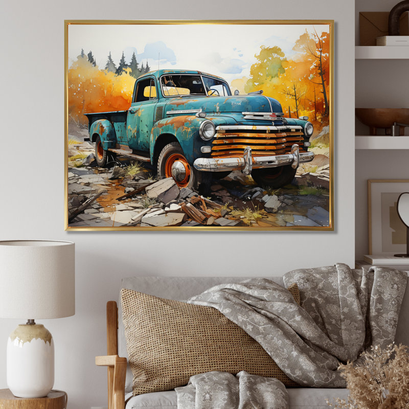 Sarcelle Pickup rétro Automn Offroad I - impression, H 24 po x l 32 po x P 1 po, Cadre flottant doré