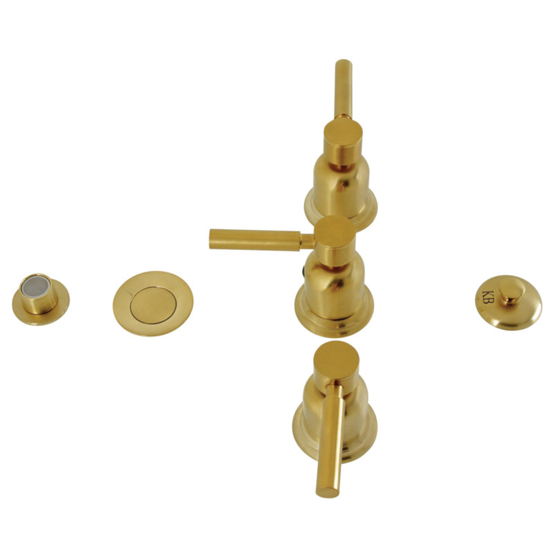 Kingston Brass Concord Three-Handle Vertical Spray Bidet Faucet with Brass Pop-Up, Brushed Brass