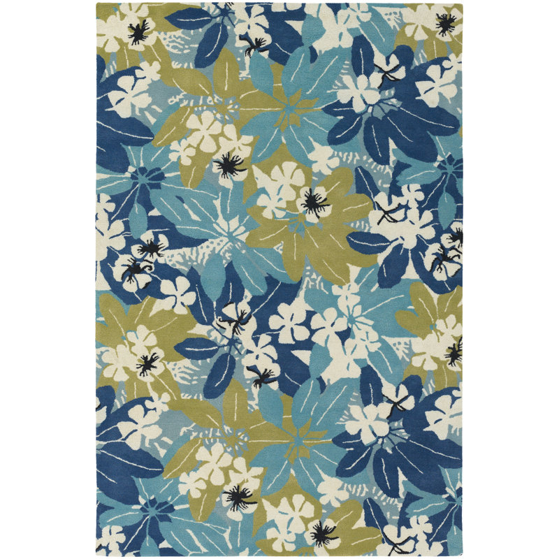 Citori / Bingham Authentic Hand-Tufted Handmade Modern Tropical Overlapping Foliage White, Green, Blue & Black Wool Area Rug