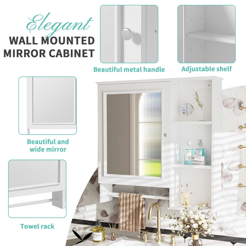 Armoire de rangement murale pour salle de bain, armoires à pharmacie avec grande porte miroir, tablettes réglables et trois niveaux de rangement ouverts, meuble-lavabo non inclus