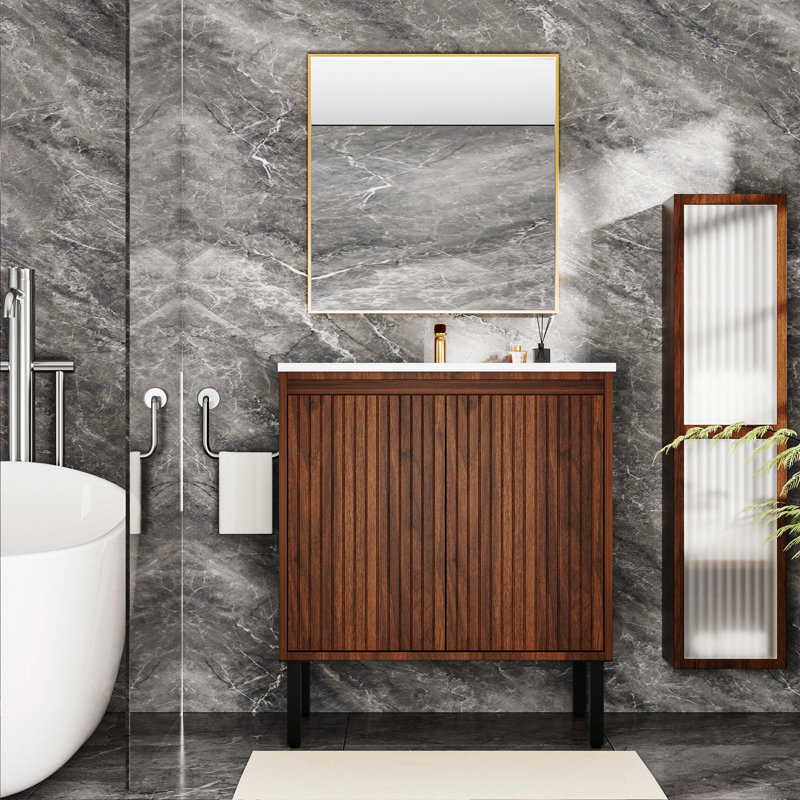 Meuble-lavabo sur pied 36 po avec lavabo, structure stable, tiroirs à fermeture en douceur, finition chêne élégant (lavabo blanc)