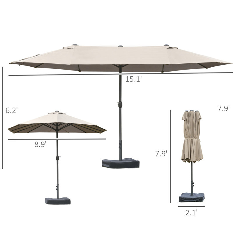 Parasol de patio extérieur 15 pi, parasol rectangulaire en acier, protection solaire double face, manivelle sans effort, parasol rectangulaire café de fabrication, bloquant, simple