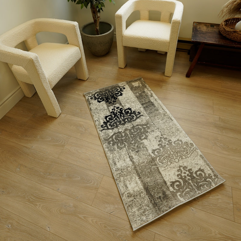 Trawick 10' Gray And Ivory Damask Shag Runner Rug, Runner 2'3" x 8'