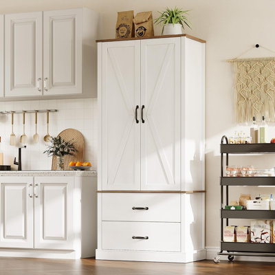 Farmhouse Kitchen Pantry Cabinet with Barn Doors, Drawers  Adjustable Shelves, Rustic White