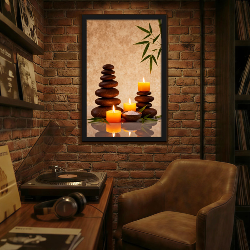 Bath and Laundry Calm Stones Candles Bamboo Leaves Reflections Peaceful Scene, H 36 po x l 24 po