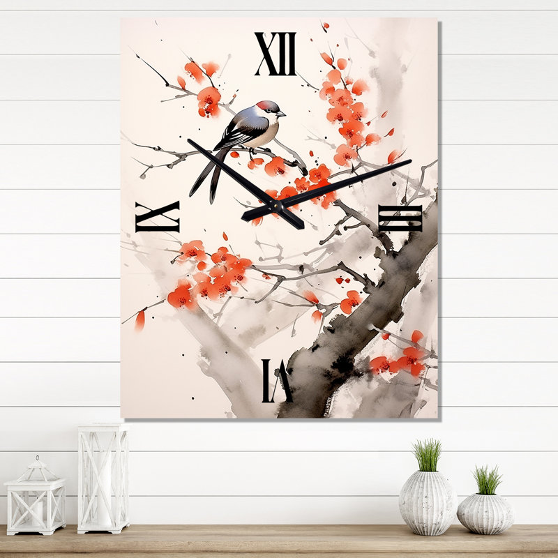 Asian Art Sumi Bird Serenity VII - Horloge murale asiatique surdimensionnée, Médium
