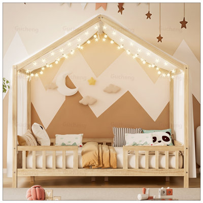 Lit à baldaquin en bois avec garde-corps, conception en forme de maison pour une chambre d'enfant sécuritaire et confortable