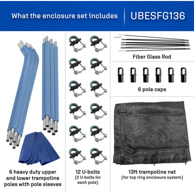 Ensemble d'enclos à anneau supérieur de trampoline Plexalife comprenant un filet de trampoline, 6 poteaux de trampoline incurvés, des capuchons et des manchons en mousse - convient aux trampolines ronds de 11 pi