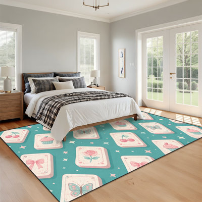 Tapis 9 x 12 pour salle de Mahjong Cerises mignonnes roses papillons Cupcakes Turquoise Boho Tapis lavable pour salon Tapis pour salle à manger Tapis en caoutchouc souple antidérapant pour bureau de chambre de bébé