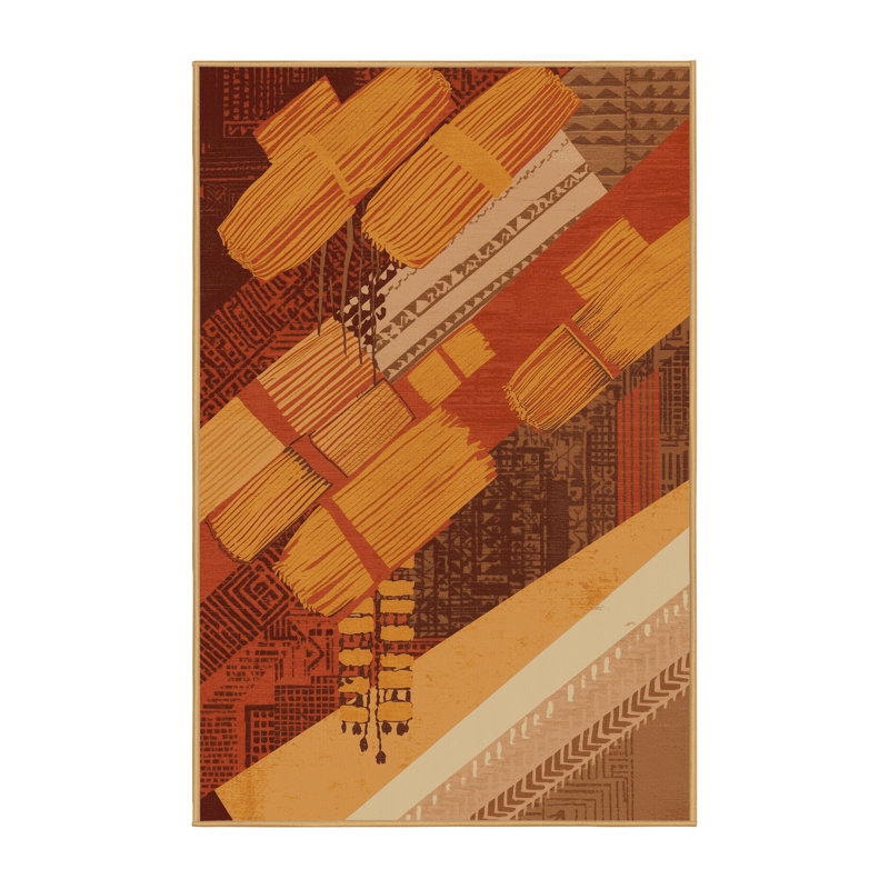 Tapis moelleux moelleux à motif de blocs d'inspiration mondiale en brun - reliure brun clair, 5 x 7