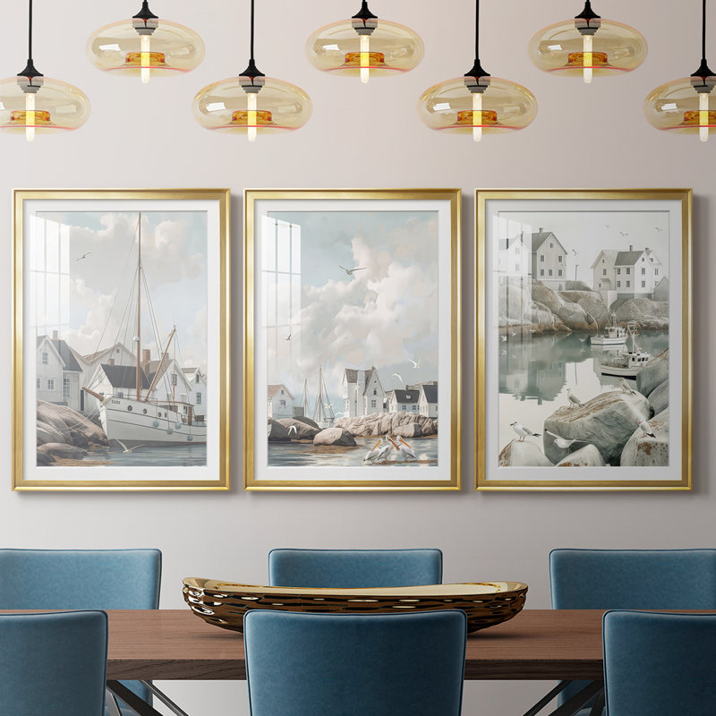 «Fisherman's Way III», reproduction sur mesure encadrée de qualité supérieure - 3 pièces, H 21 po x l 30 po, Doré
