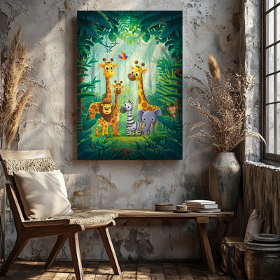 Toile, une scène de jungle vibrante mettant en vedette un groupe d'animaux ludiques, dont deux grandes girafes et un lion joyeux, art mural sur toile