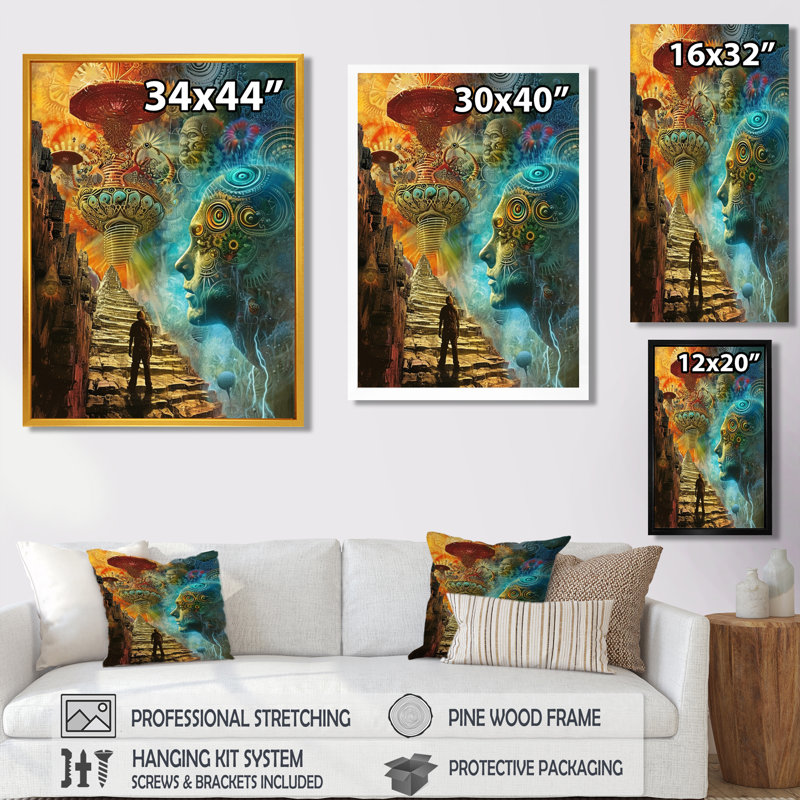 Exploration des royaumes intérieurs Visions - Art abstrait paysage mural, Toile noire avec cadre flottant, H 20 po x l 12 po