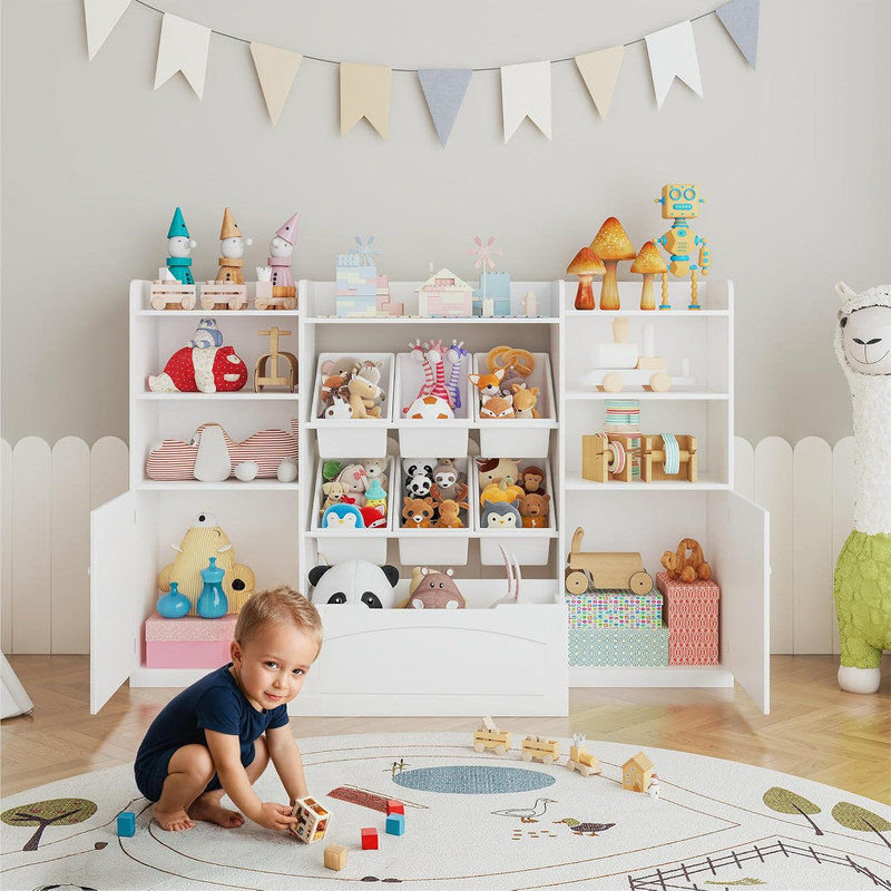 Organisateur de jouets pour enfants avec 6 bacs amovibles, bibliothèque et tiroir, l 55,4 po de rangement pour la chambre à coucher, la salle de classe et la chambre de bébé