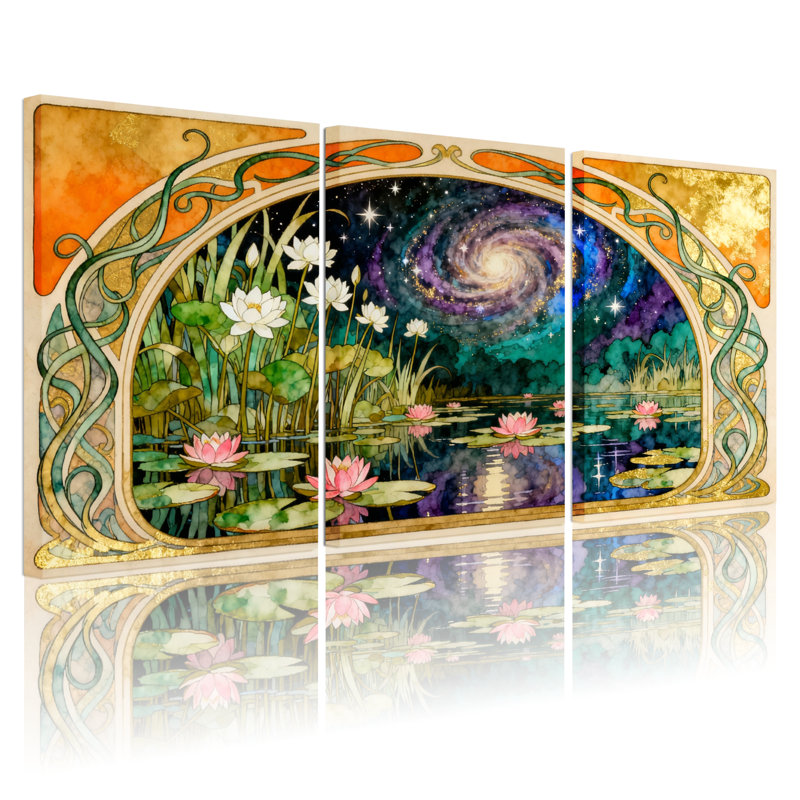Nénuphar et galaxie, ensemble de 3 reproductions d'art sur toile, H 18 po x l 36 po