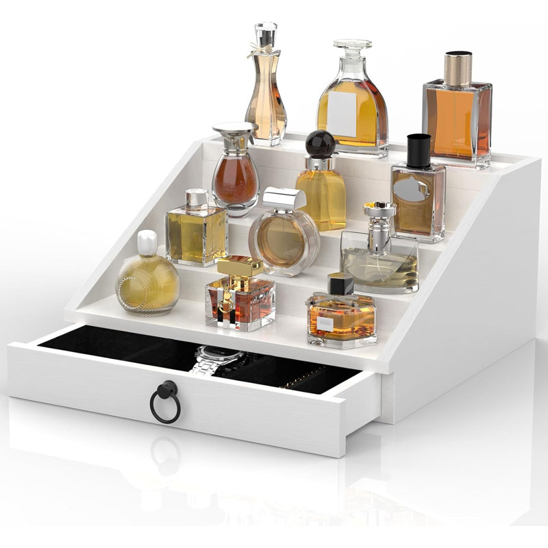 Organisateur de parfum en bois pour homme à 4 niveaux avec tiroir doublé de velours et support de rangement pour parfum pour commode