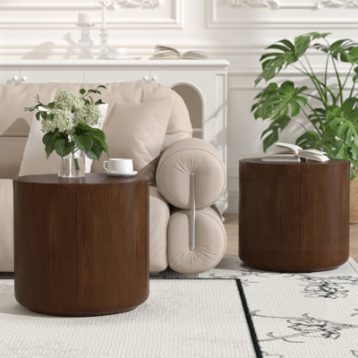 Round Outdoor Indoor Side Table Set, Modern Wood Grain Design, Sturdy Magnesium Oxide, Waterproof, No-Assembly Required,  For Patio And Living Room, Brown, Set Of 2