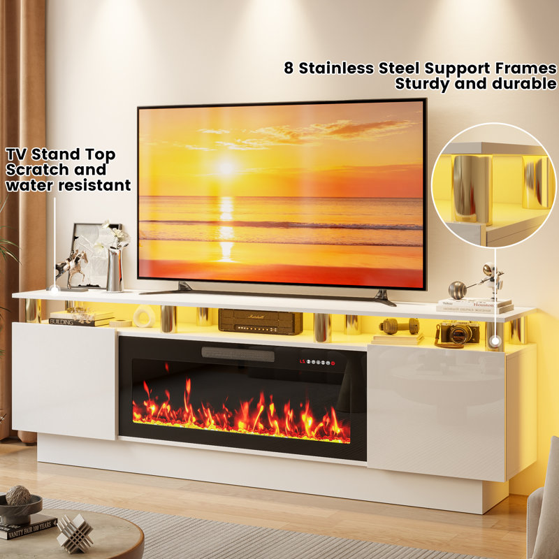 Alazik TV Stand with Electric Fireplace, White/Gold, Black, 24”H x 14”L x 70”W