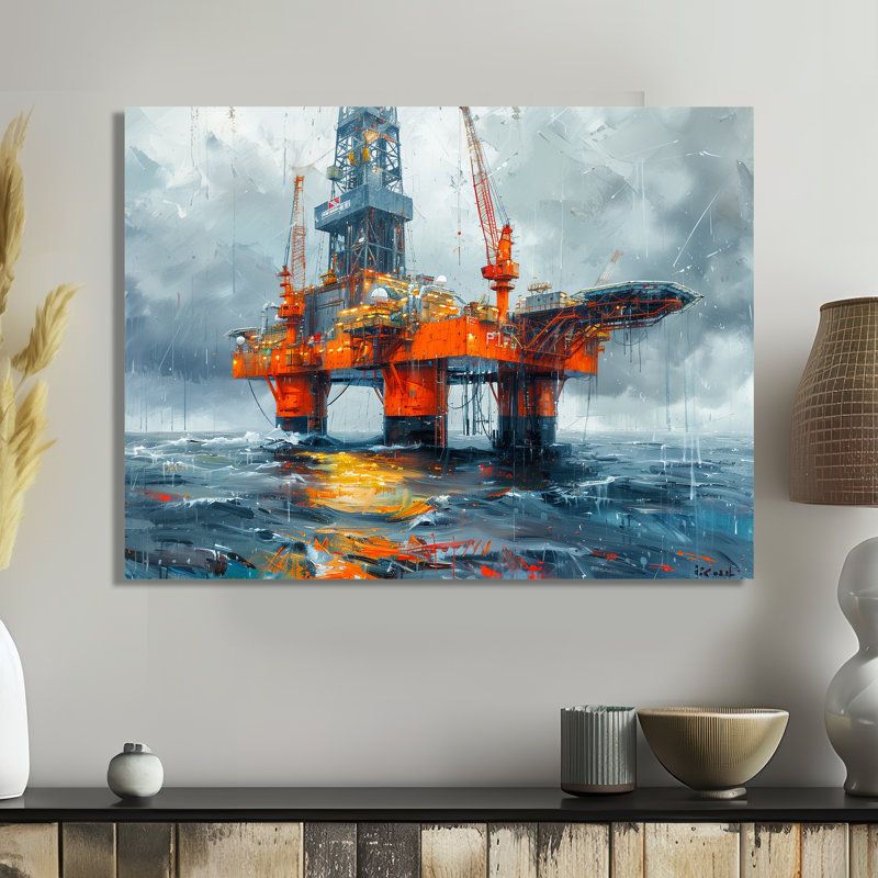 «Grey Orange Summer Summer Rig In Ocean - Oil RIGS / Fields», art mural, Métal métal, H 16 po x l 32 po x P 1 po