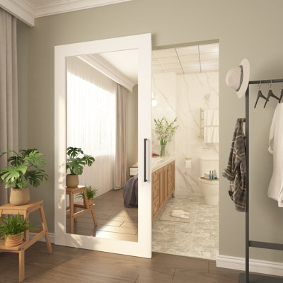 JUBEST 42"x84" Concealed Mirrored Glass Sliding Barn Door With Hidden / Invisible Hardware Kit