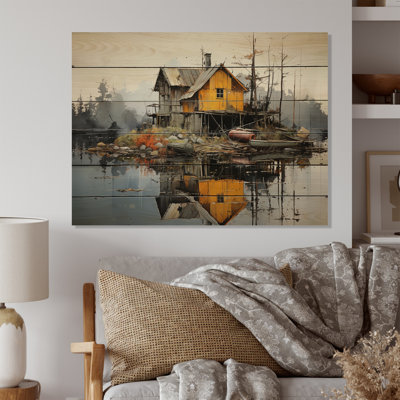 Yellow Lakehouse Pier Reflections II sur impression sur bois