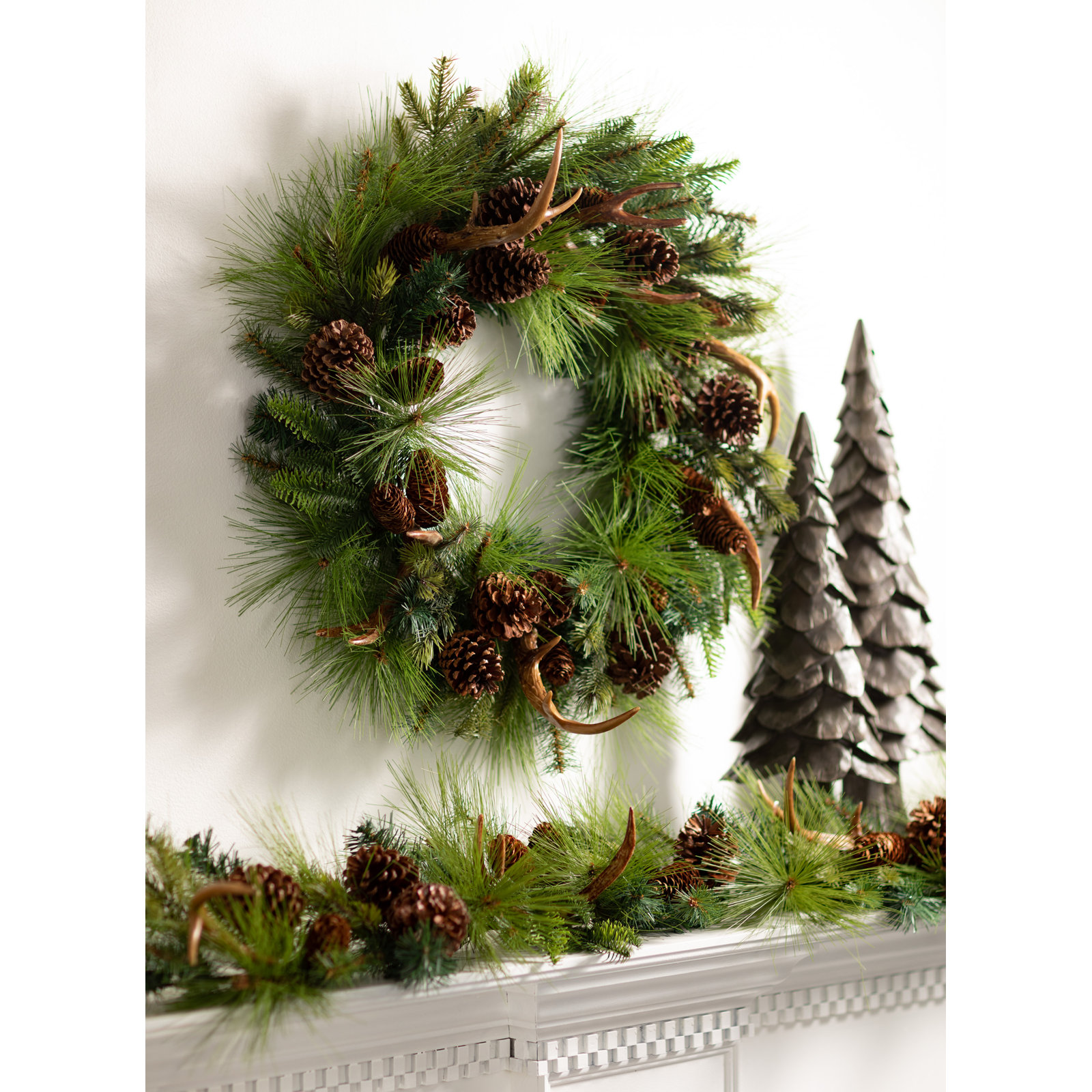 Eirika Artificial Pine and Antler Wreath, 28" H x 28" W x 9" D