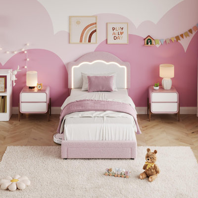 Tête de lit à DEL Structure de lit pour enfant Taille simple - Revêtement en sherpa doux - Hauteur réglable - Tiroir de rangement - Support de lattes en bois - Aucun sommier nécessaire - Assemblage facile - Boucle rose et blanc - T-shirt en rose et blanc avec cordon de serrage