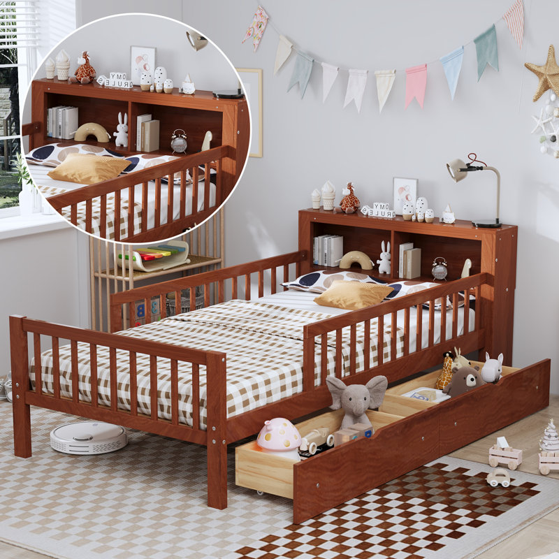  Twin Bed with Headboard Storage Rack, Under-Bed Storage and Three-Side Guardrails, Walnut, Brown