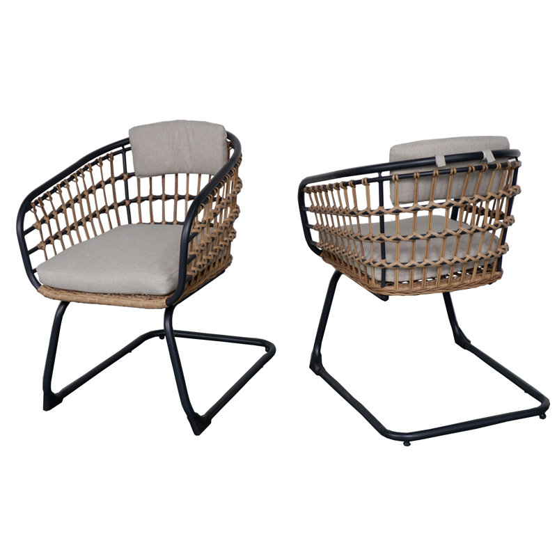 Chaises d'extérieur en rotin pour terrasse avec coussins amovibles Cendro, structure en acier résistant aux intempéries pour le jardin, le balcon et le patio