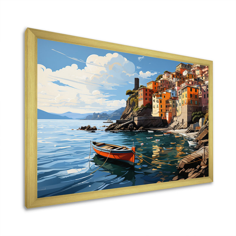 «Beige Italy Cinque Terre I» sur toile, Cadre doré simple, H 34 po x l 44 po x P 1,5 po