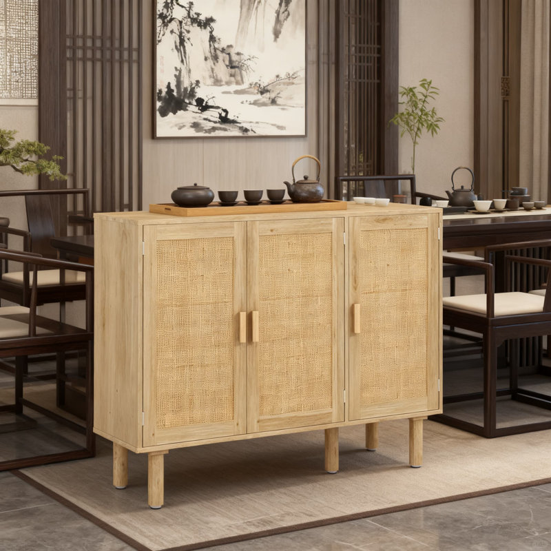 Buffet en rotin avec 3 portes, buffet Boho et tablettes de rangement pour la cuisine, le salon, le vestibule ou le bar
