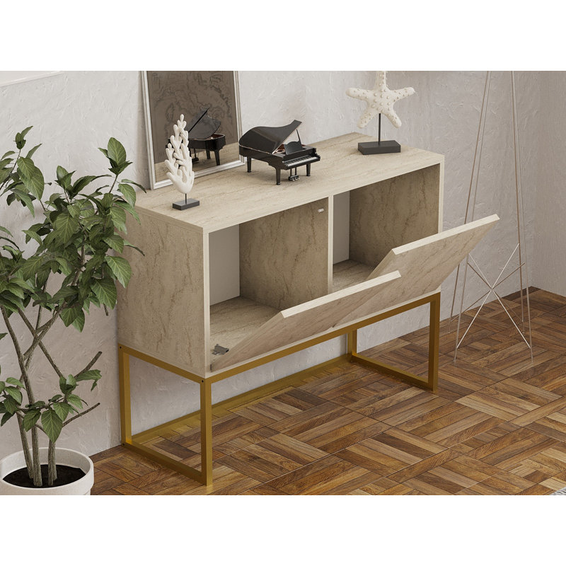 Modern Console Table, Travertine Color, 35.4 x 27.6 x 13.4 inches | 100% Melamine Coated Particle Board, Thickness: 0.7 inches | Elegant Storage Solution for Living Room & Entryway, Stylish and Functional Design
