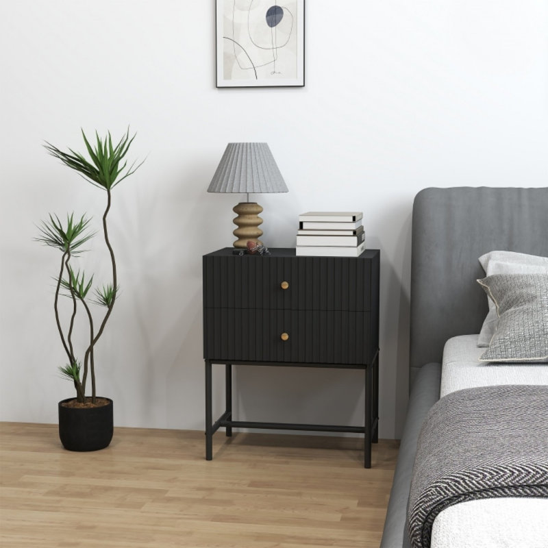 48cm W Engineered Wood Bedside Table, Black
