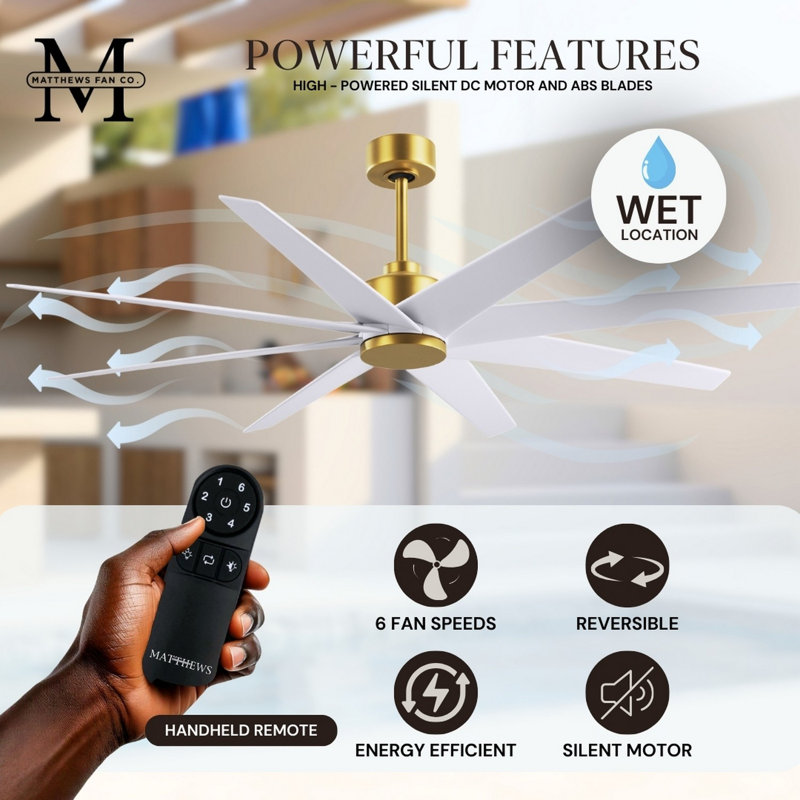 Ariella - Eight Blade Ceiling Fan - Brushed Brass Finish - Matte Black Blades, Matte White, Brushed Brass