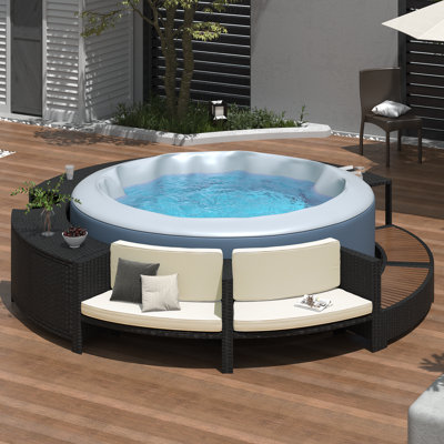  Spa Surround Spa Frame, Patio Rattan Sofa Set with Storage, Mini Sofa & Cushions for Backyard, Grey
