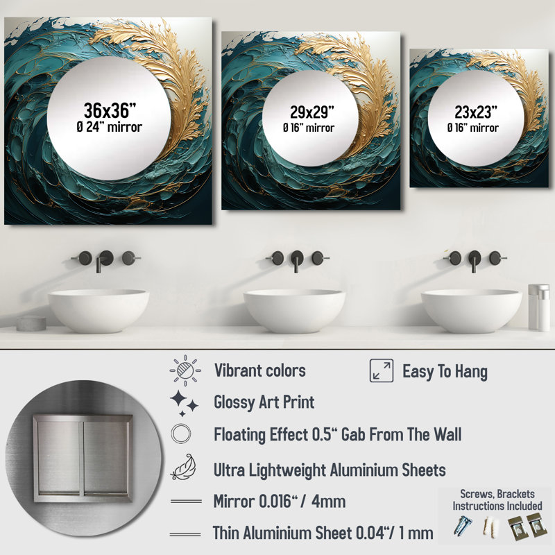 Or bleu sarcelle océan spirale V - spirales abstraites grand miroir mural carré pour chambre à coucher, 23 po x 23 po