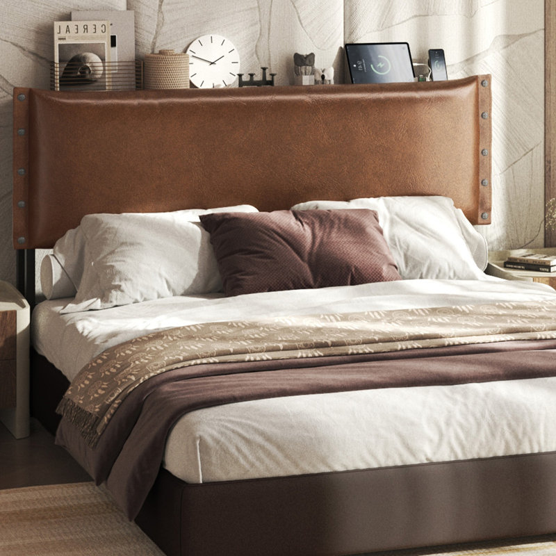Headboard for King Size Bed,Retro Oil-Waxed Leather Upholstered Head Board with Smart LED Lights (60,000 DIY Colors), Hidden Storage & USB/Type-C Ports, 3-Level Height Adjustable