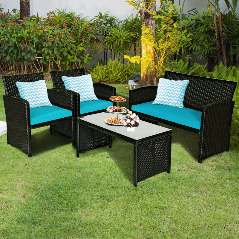 Chamille 4 - Person Patio Conversation Set, Turquoise