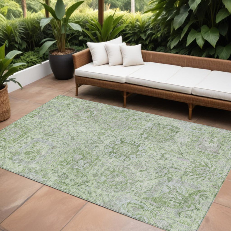 Tapis intérieur / extérieur lavable 8 po x 10 po vert menthe et gris damassé