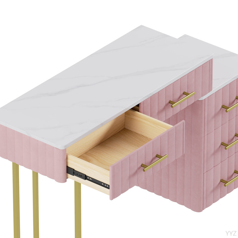 Makeup Vanity Desk Set With 5 Drawers And Chair, White/Pink