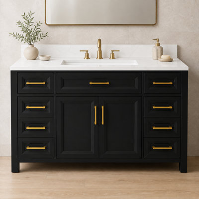 Meuble-lavabo autoportant de 48 po L x 22 po P avec comptoir en quartz, construction en bois massif (9 tiroirs et 2 portes à fermeture en douceur)