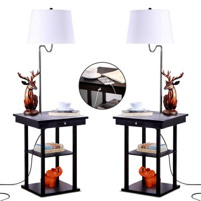 Madison 56 in. Modern LED Bedside Table Lamp with Fabric Drum Shade and Built-In USB Port - Bundle Set of 2