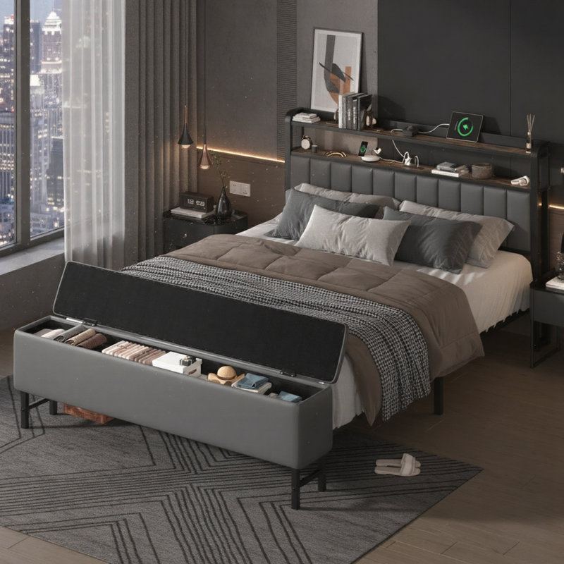 Modern Upholstered Platform Bed with a Starry Sky Projector, Built-in Storage Bench, Convenient Charging Station, Easy Assembly