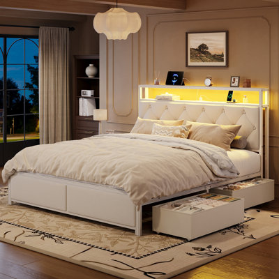 Lit plateforme en métal Queen avec tête de lit à rangement à 2 niveaux, 4 tiroirs de rangement, station de recharge intégrée et éclairage DEL, silencieux/sans sommier, beige