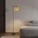 Industrial Floor Lamp With Rustic Rattan Lampshade Footswitch E26 Base Standing Pole Light For Living Room, Home Deco, Farmhouse, Sofa Reading