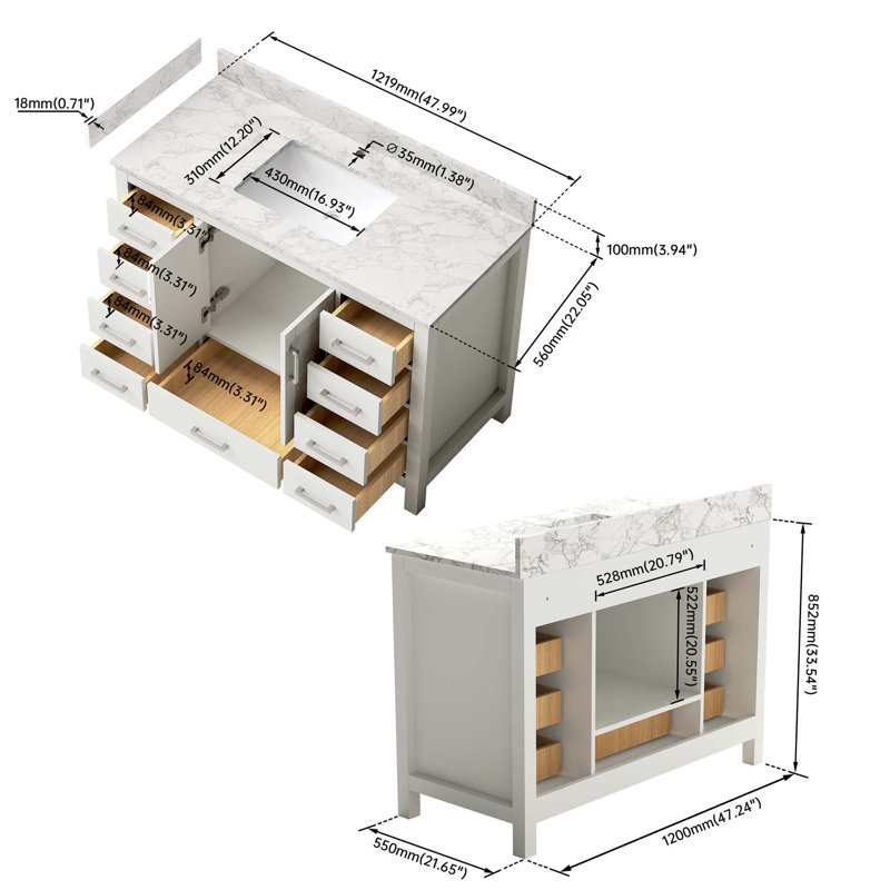 Meuble-lavabo de salle de bain avec lavabo en céramique et rangement à fermeture en douceur