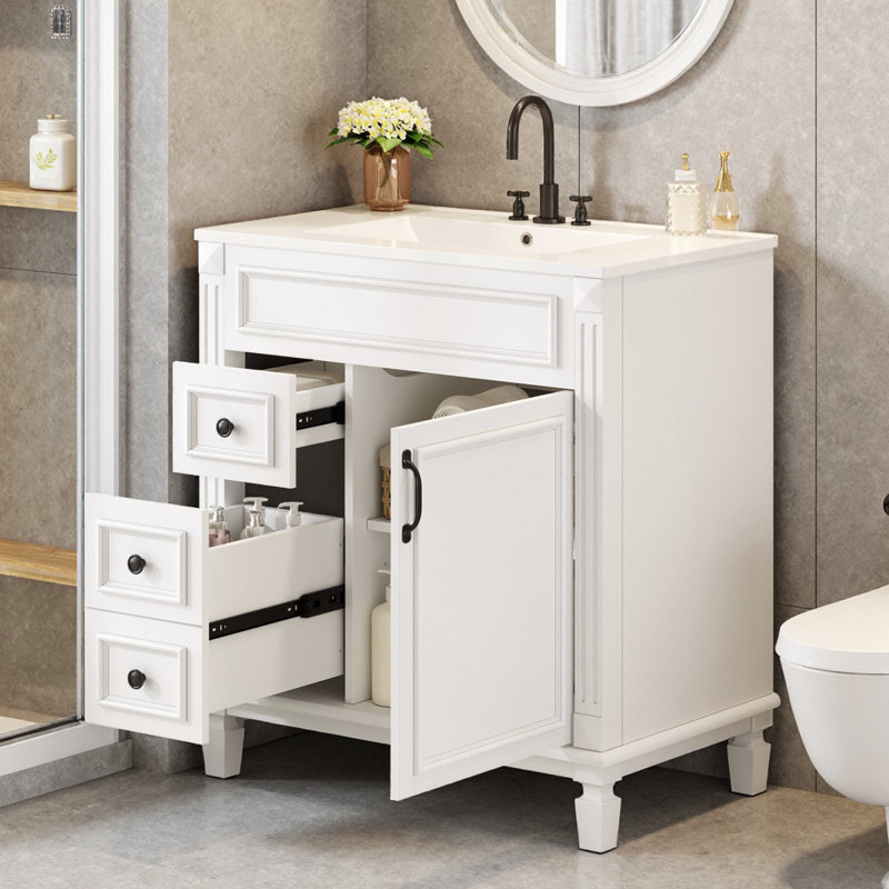 Meuble-lavabo moderne à 2 tiroirs avec lavabo en céramique, Blanc