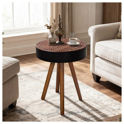 Black Round Coffee Table, 15.7-Inch Carved Top Accent Table with Mid-Century Modern Legs